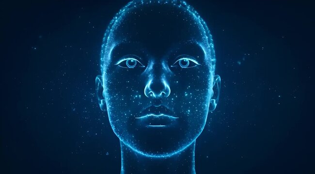 Futuristic neon human face portrait with interconnected dots on dark background