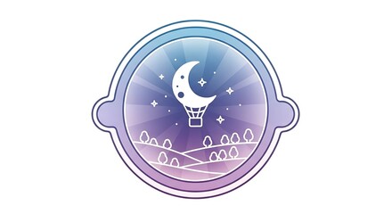 Obraz premium A circular illustration showcases a crescent moon in a hot air balloon above rolling hills and trees under a starry night