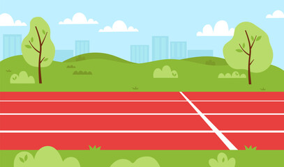 Fototapeta premium Vector running track with finish line in city park. Red athletic treadmill background with green hills, trees and blue sky. Empty sports stadium.