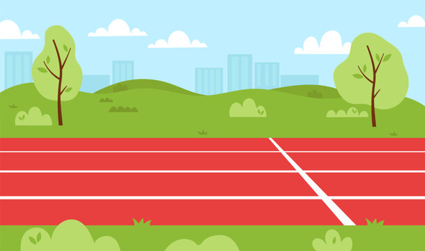 Vector running track with finish line in city park. Red athletic treadmill background with green hills, trees and blue sky. Empty sports stadium.