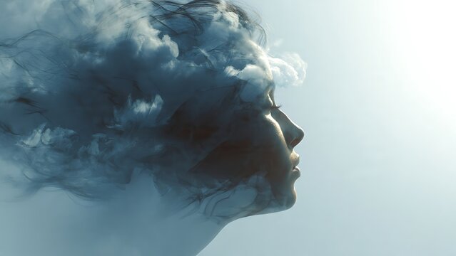 Ethereal silhouette of a woman's profile, her mind merging with swirling, dreamlike clouds, symbolizing introspection, abstract thought, and the boundless subconscious