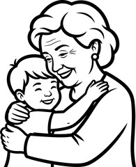 Obraz premium Elderly woman with boy hugging each other, showing love, affection, and family bonding. Outline vector illustration for greeting card, symbol