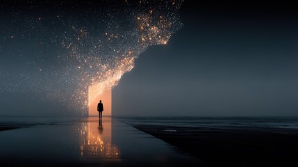 Obraz premium Lonely silhouette standing on wet surface against glowing city lights in thick fog