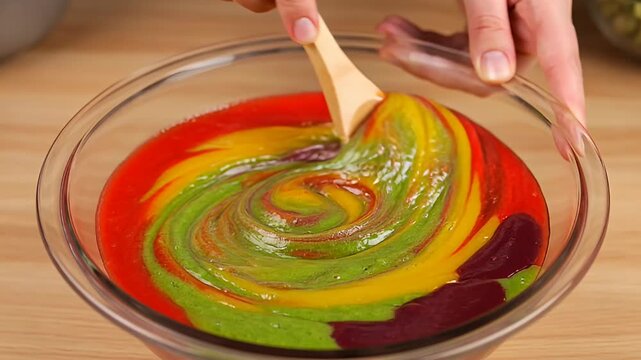 Vibrant multicolored mixture being stirred in a glass bowl with a spatula