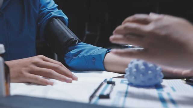 Doctor using stethoscope take a tap on the patient's arm and pressing pressure gauge button.