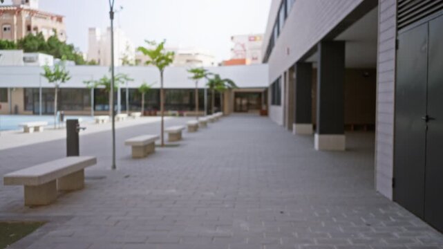Blurred school courtyard lined with stone benches and small trees with shallow bokeh, corridor; background backplate copyspace calm.