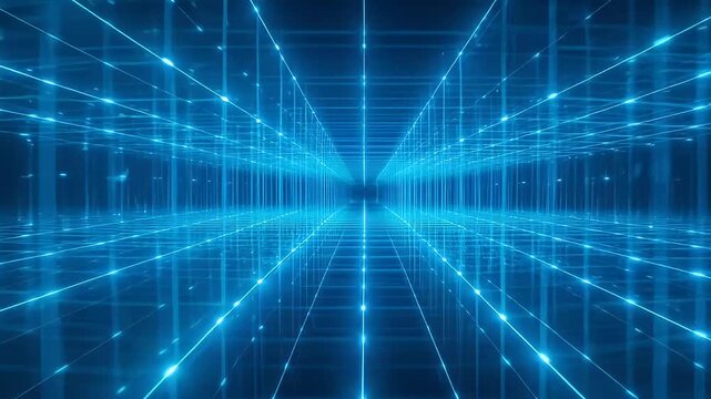 Futuristic glowing blue grid lines in a cyberspace hallway abstract background