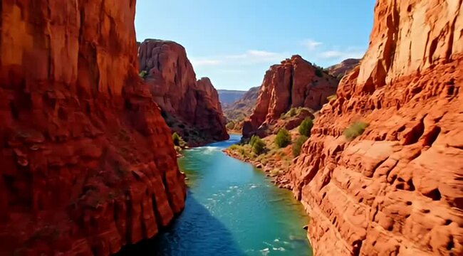 Majestic canyon river landscape with reddish rock formations and blue sky