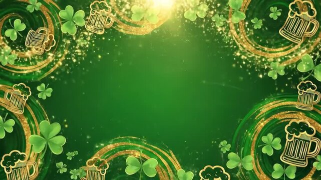 Animated St. Patrick&rsquo;s day background with shamrock and beer mug pattern. Green festive design with glitter and gold swirl for Irish celebration.