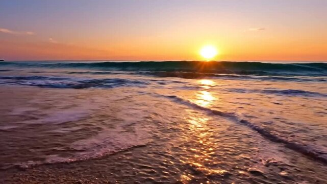 Scenic Beach Sunset with Waves Crashing on the Sandy Shoreline, Golden Sunlight Reflection