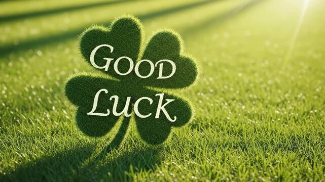 Green fluffy shamrock with good luck text in vibrant grass field under bright sunlight, a st patrick day concept