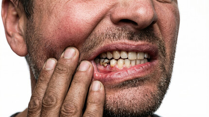 Macro photo of the mouth and lower face of a man with a toothache caused by gum problems and inflammation, grimacing in pain and holding his jaw with his hand, isolated on white background