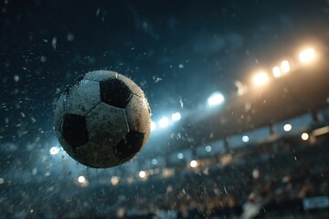 Fototapeta premium Dynamic action shot of a soccer ball flying through the air at a stadium