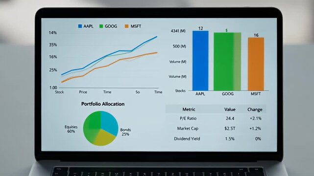 Laptop displaying stock analysis with AAPL, GOOG, MSFT data and portfolio allocation