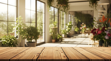 Fototapeta premium Wooden table in sunlit greenhouse filled with lush green plants and colorful flowers