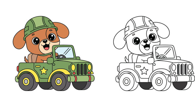 Cute cartoon puppy soldier driving a military jeep, colored vector illustration and black and white coloring book page.