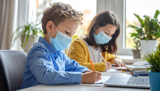 Two kids, wearing masks, are working at a desk, likely doing schoolwork in their home during the daytime