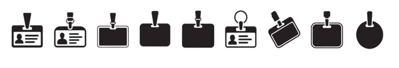 Fototapeta premium A collection of blank identification badges and name tags in clean. Badges identification icons with person silhouette and lines filled styles featuring badge, id card, vector illustration.