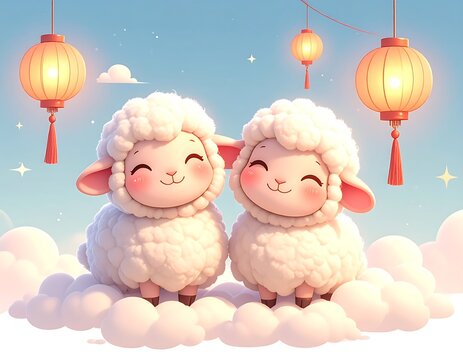 Two fluffy sheep stand on clouds amidst hanging lanterns in a bright, soft, dreamy, whimsical, pastel colored landscape