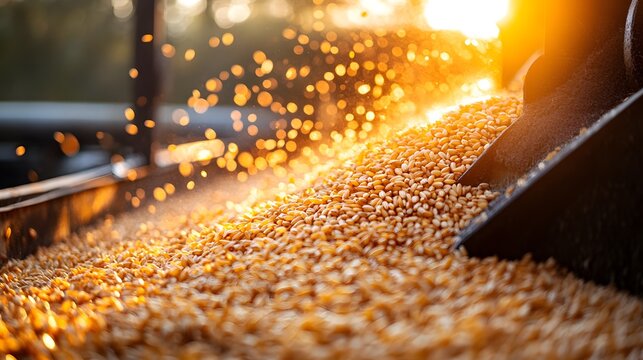 Golden sunlight illuminates a conveyor belt transporting harvested corn kernels in a bustling agricultural processing facility with sparkling particles catching the light as they move through