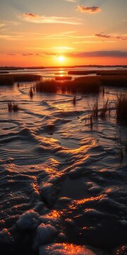 Golden sun paints Virginia saltmarsh at sunset, tides ebb and flow,  estuary,  wetland
