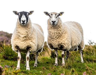 Fototapeta premium Two fluffy sheep stand side-by-side on a grassy hillside with purple flowers, under a bright, overcast sky