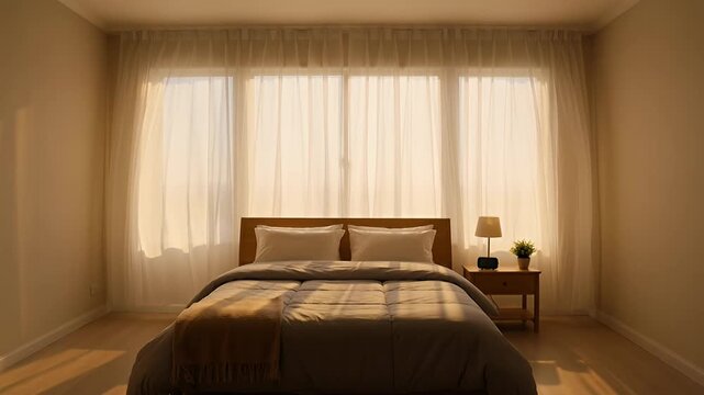 Serene bedroom bathed in golden light with sheer curtains and minimalist decor