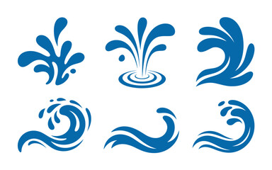 Collection of blue water splashes and waves white background liquid