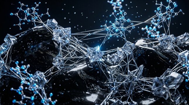 Advanced Nanotech Surface with Strontium Grid and Cadmium Flow. Futuristic macro illustration of an obsidian hexagonal grid integrated with strontium microstructures. Radiant cadmium liquid flows
