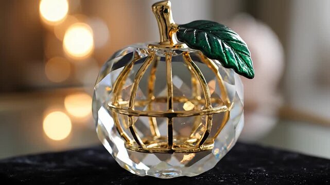 Faceted crystal apple ornament with gold stem and green leaf
