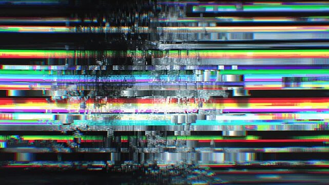 Glitchy video signal with colorful horizontal lines.