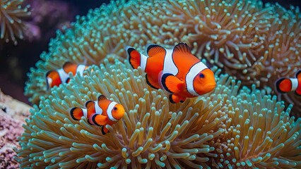 Vibrant clownfish swimming near coral reef underwater ecosystem scene