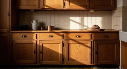 Wooden kitchen cabinets and countertop with natural sunlight and details