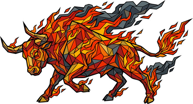 A stylized low poly illustration of a charging bull engulfed in flames. The geometric design features vibrant orange, red, and yellow polygons with dark smoke accents against a white background.