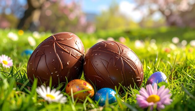 Two large chocolate eggs resting in vibrant green grass among daisies and smaller, brightly painted eggs, bathed in sunshine