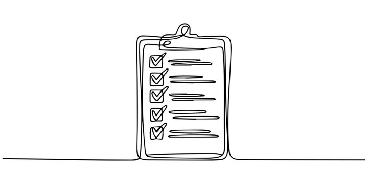 checklist on a clipboard continuous one line drawing, Clipboard one continuous line drawing. Simple hand drawn vector single icon isolated on white background, Continuous line art of checklist on clip