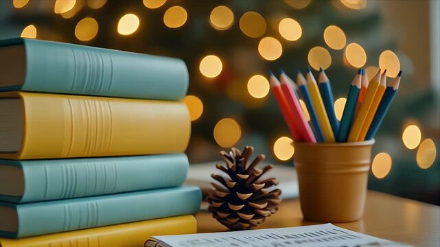 Colorful books and pencils on a cozy desk with warm bokeh lights