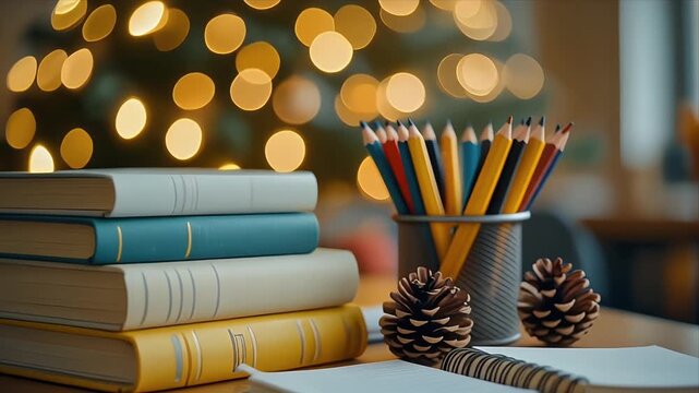 Cozy workspace with books and stationery during Christmas season