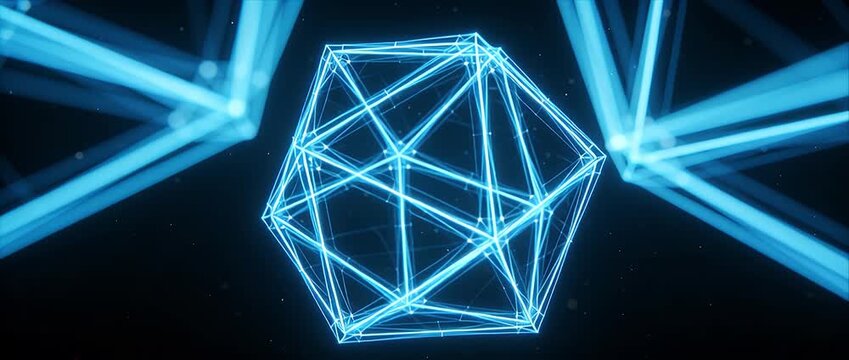 Futuristic neon polygon looping network digital light geometry glowing line abstract shape connection technology background design energy dynamic motion cube data art modern minimal cyber crystal