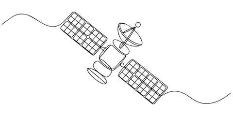 Continuous one line art drawing of a satellite in outer space exploring the cosmos vector, Black and white line drawing of satellite in space with antenna and solar panels. Non editable stroke © Parboti