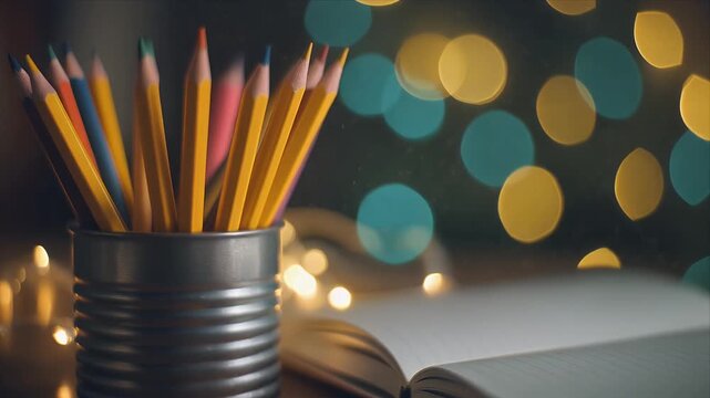 Colorful pencils in a metal cup on a desk with an open notebook and bokeh lights