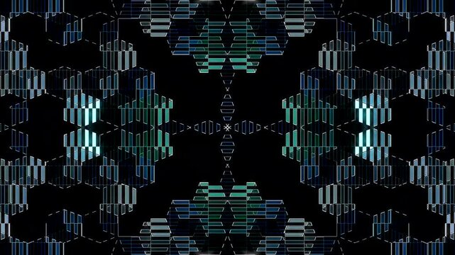 Symmetrical kaleidoscope motif with blue diamond shapes forming a glowing geometric pattern on a black background.	