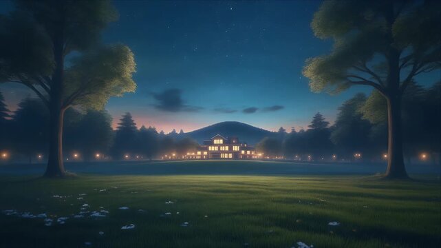 Serene mansion at dusk with lush green lawn and starry night sky