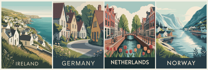 Flat vector collage of four travel posters showcasing Ireland, Germany, Netherlands, and Norway with iconic landscapes, architecture, canals, fjords, and village scenes.