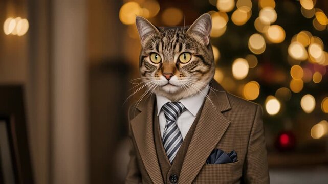 Elegant cat wearing a formal suit and tie with festive glowing lights in the background