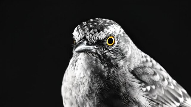 Black and white speckled bird with yellow eye on branch