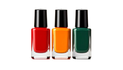 Obraz premium Three nail polish bottles with black caps and vibrant color polish against a black backdrop