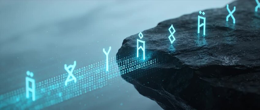Mystic rune code glowing near dark rock cliff looping quietly digital mist, abstract glowing symbol language over binary code cliff edge, looping glowing rune digital code fantasy cliff edge misty