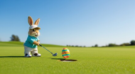 Sporty Easter bunny playing golf on sunny day. Easter Holiday concept