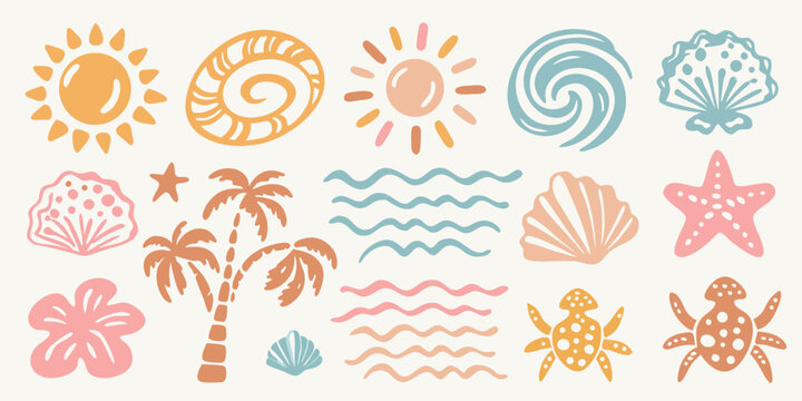 Colorful summer icons featuring suns shells palm trees and marine life